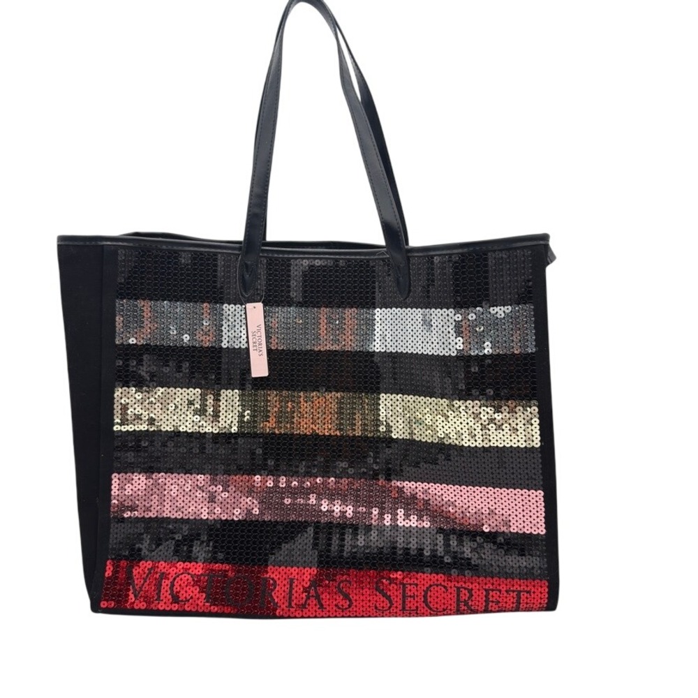 Victoria's Secret Sequined Tote Bag Oversized Black Pink Glam Beach Travel